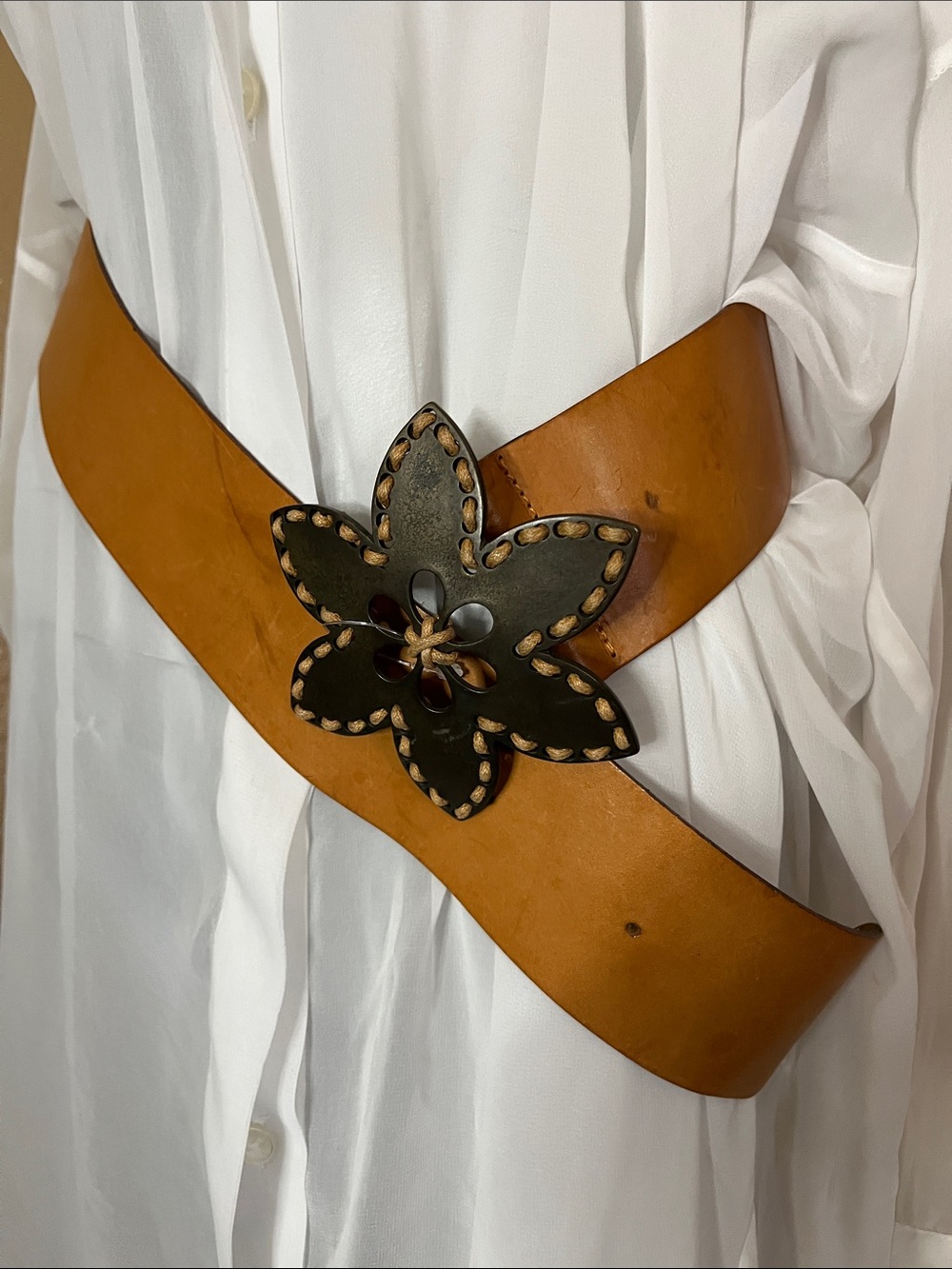 Rosanna Nichole Made in Florence Leather Belt Dark Brown Boho Floral Buckle.